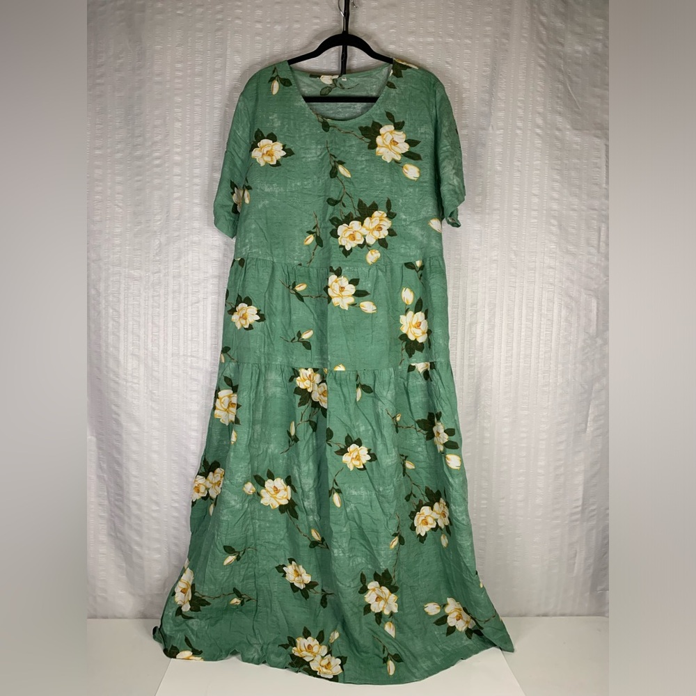 NWOT Yesno women casual bohemian green floral long maxi swing dress with pockets
